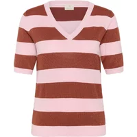 Striped V-neck sweater for women by Kaffe, featuring pink and brown horizontal stripes and short sleeves.
