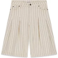 Striped women's Bermuda shorts by Guess, beige with black vertical stripes, front pockets, and belt loops.