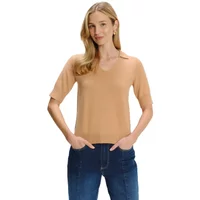 Beige wool sweater for women by Greenpoint, featuring short sleeves and a V-neck design.
