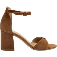 Brown suede leather sandals with decorative strap, open toe, and block heel by Ryłko Tara.