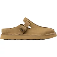 Brown suede Clarks Solsbury Mules with buckle strap and cushioned sole.