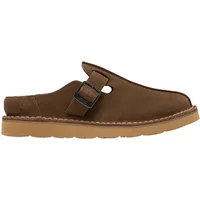 Brown suede Clarks Solsbury mules with buckle strap and tan rubber sole.