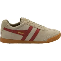 Beige suede Gola Harrier trainers with red stripes, gum sole, and lace-up design.