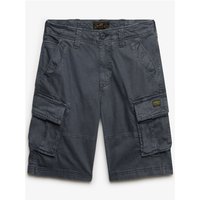Slate grey cargo shorts with multiple pockets, button closure, and Superdry&Co branding, size 32.