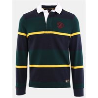 Superdry&Co Vintage Rugby Top, enamel green and navy stripes, yellow accents, white collar, XL size.