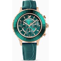 Teal Swarovski Octea Lux Chrono watch with rose gold accents, crystal bezel, and teal leather strap.