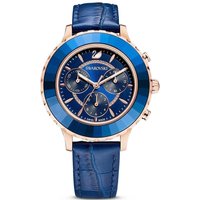 Blue Swarovski women's watch with rose gold accents, crystal bezel, and blue leather strap.