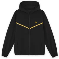 Black Lyle & Scott striped track jacket with yellow chevron stripe and hood.