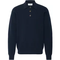 Navy blue sweater by Casual Friday, long sleeves, polo collar, three-button placket.