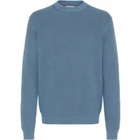 Blue crew neck sweater with textured knit pattern and ribbed cuffs and hem.
