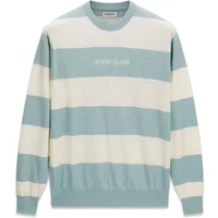 Guess sweater with wide horizontal stripes in light blue and cream, featuring a crew neck and embroidered logo.
