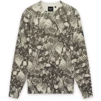 Gray Lyle & Scott sweater with abstract industrial pattern, crew neck, and long sleeves.