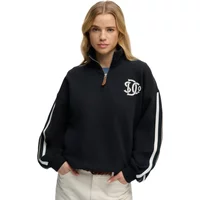 Black Superdry 1/2 zip sweatshirt for women with white stripes on sleeves and embroidered logo on chest.