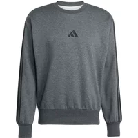Gray Adidas sweatshirt with black triple stripes on sleeves and Adidas logo on chest.