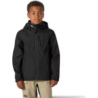 Black Helly Hansen Jr Crew Hooded sweatshirt with front zipper, chest pocket, and adjustable hood, worn by a child.