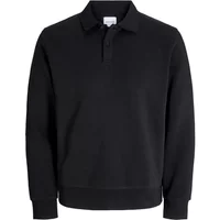 Black Jack & Jones Ebradley sweatshirt with polo collar and button placket, long sleeves, ribbed cuffs, and hem.