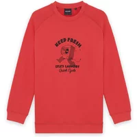 Red Lyle & Scott sweatshirt with "Keep Fresh" text and graphic on chest, ribbed cuffs and hem.