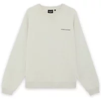 White Lyle & Scott sweatshirt with small black script logo on chest, heavyweight loopback fabric, crew neck, long sleeves.