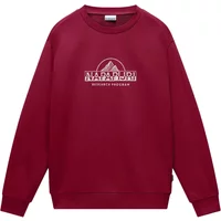 Red Napapijri Bandir sweatshirt with white logo and mountain graphic on chest, crew neck, and ribbed cuffs.