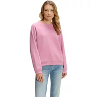 Pink Greenpoint sweatshirt, long sleeves, crew neck, worn by woman with light blue jeans.