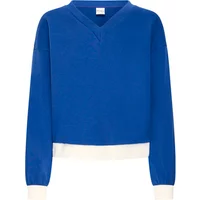 Blue Ichi Ivalo sweatshirt with V-neck, long sleeves, and white cuffs and hem.