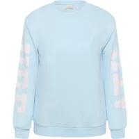 Light blue KAFFE Curve Mila sweatshirt with long sleeves and white text on arms.