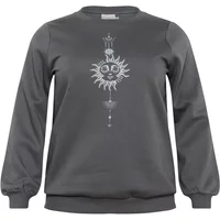 Gray KAFFE Curve Sunna sweatshirt with sun and celestial design on front, long sleeves, and ribbed cuffs.