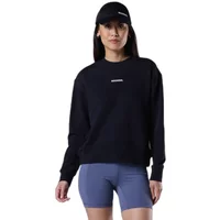 Black Rossignol sweatshirt with white logo on chest, crew neck, long sleeves, paired with blue shorts and black cap.