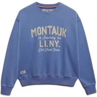 Blue Superdry Beach Club sweatshirt with "Montauk L.I.N.Y." text and ribbed cuffs.