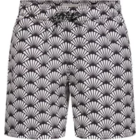 Black and white retro-patterned swim shorts with fan-like design and drawstring waist.