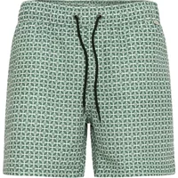 Green swim shorts with black drawstring, featuring a geometric white star pattern.