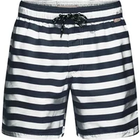 Navy and white striped swim shorts with drawstring waist and side pockets.