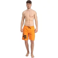 Orange swim shorts with black Alpha Industries logo on side, drawstring waist, knee-length.