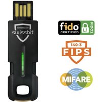 Black Swissbit iShield Key 2 USB with green LED indicator, FIDO2 and MIFARE logos.