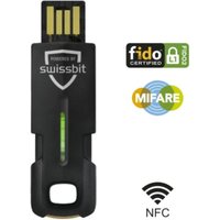Black Swissbit iShield Key 2 Pro MIFARE USB-A with green LED indicator, FIDO certified, NFC and MIFARE logos.