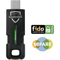 "Black Swissbit iShield Key 2 Pro USB-C with green LED indicator, FIDO certified, MIFARE logo on side"