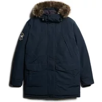 Navy blue Superdry Everest parka with synthetic fur hood trim and logo patch on sleeve.