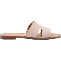 Beige synthetic mules by Ryłko with open toe design and flat sole.
