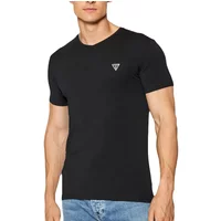 Black Guess T-shirt with classic triangle logo on chest, short sleeves, crew neck, paired with blue jeans.