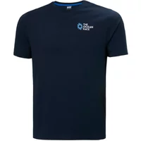 Navy blue Helly Hansen T-shirt with "The Ocean Race" logo on chest, crew neck, short sleeves.