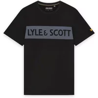 Black Lyle & Scott T-shirt with gray chest band and logo, short sleeves, crew neck.