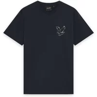 Black T-shirt with small chrome eagle graphic on the left chest, short sleeves, and crew neck.