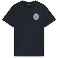 Black Lyle & Scott T-shirt with small circular graphic on left chest, short sleeves, and crew neckline.