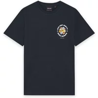 Black Lyle & Scott T-shirt with small chest graphic of a flower and text in white.
