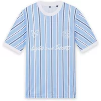 Lyle & Scott Prep Stripe Football T-shirt, light blue with white and navy stripes, white cuffs, and embroidered logo.