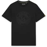 Black Lyle & Scott T-shirt with embossed circular logo on chest, short sleeves, and small yellow tag on left sleeve.