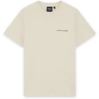 Beige Lyle & Scott T-shirt with small black script logo on the chest, short sleeves, and crew neckline.