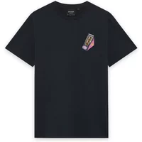 Black Lyle & Scott T-shirt with small colorful supermarket carton graphic on the left chest.