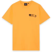 Orange Lyle & Scott T-shirt with small black toothpaste graphic on chest, short sleeves, and crew neck.