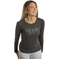 Gray long-sleeve women's T-shirt by Pénélope with "Rock & Ride" text on front, worn by a smiling woman.